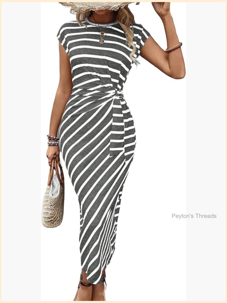 Striped Cap Sleeve Fitted Midi Dress Sheath Work Casual Office
